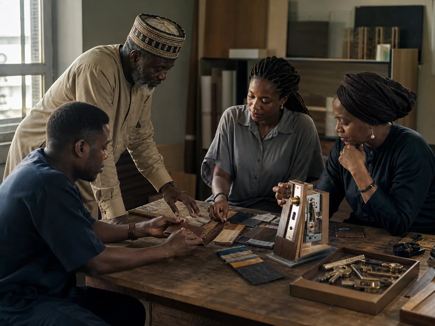A multigenerational Nigerian team reviews material, hardware and property samples around a worktable.
